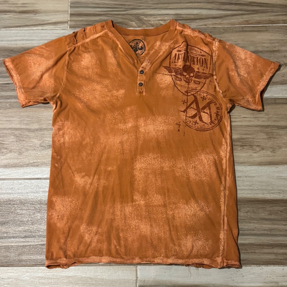 Vintage Affliction XL Henley Shirt Seek and Destroy Orange Acid Wash Y2K Grunge
